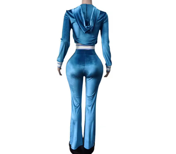 Women Color Striped Hooded Zip Up Velour Tracksuit Two Piece Pant Set