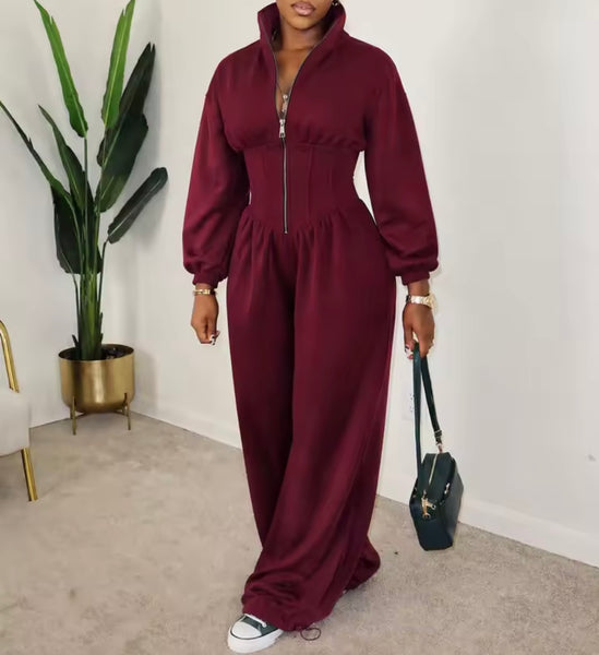 Women Zip Up Full Sleeve Ruched Fashion Jumpsuit