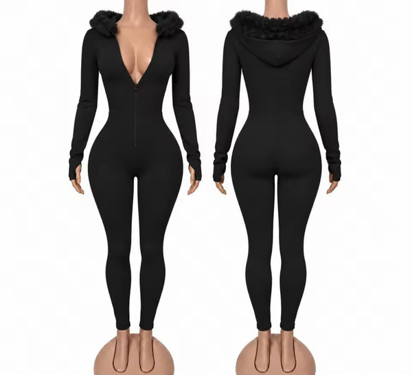 Women Zip Up Fur Hooded Full Sleeve Jumpsuit