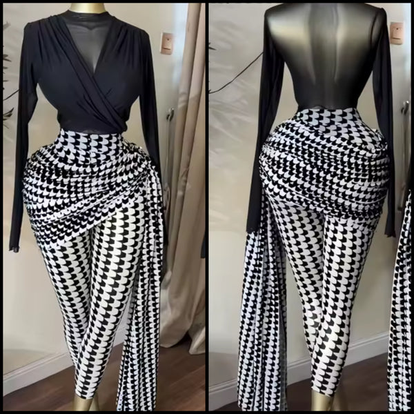 Women Black Mesh Full Sleeve Fashion Two Piece Printed Pant Set