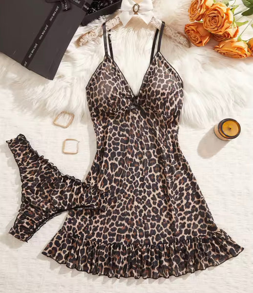 Women Sexy Sleeveless Printed Mesh Nightgown Lingerie Set