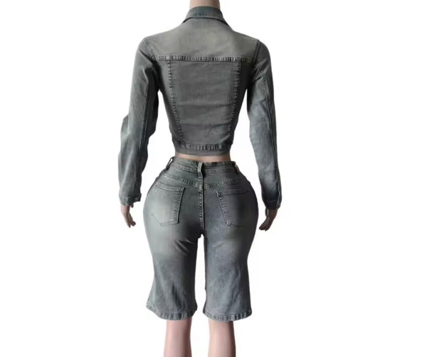 Women Fashion Floral Denim Jacket Two Piece Capri Pant Set