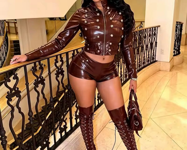 Women Fashion Rivet Zip Up Faux Leather Two Piece Short Set