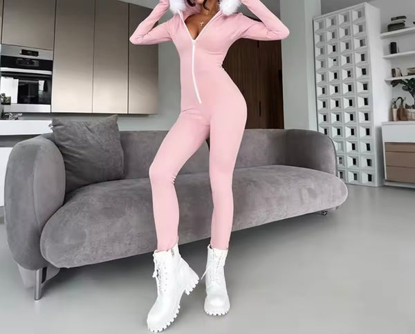 Women Zip Up Fur Hooded Full Sleeve Jumpsuit