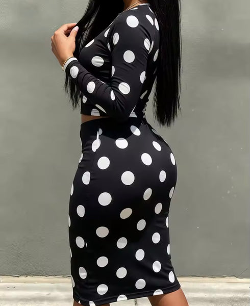 Women B&W Polka Dot Full Sleeve Crop Two Piece Skirt Set