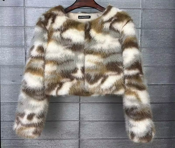 Women Fashion Mix Color Faux Fur Jacket