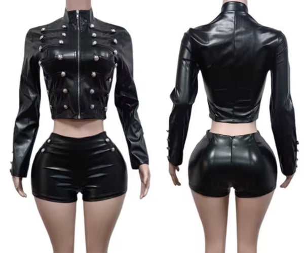 Women Fashion Rivet Zip Up Faux Leather Two Piece Short Set