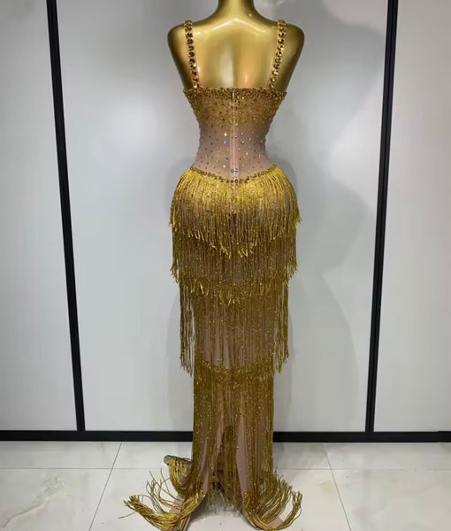 Women Sexy Rhinestone Sleeveless Fringe Tassel Maxi Dress