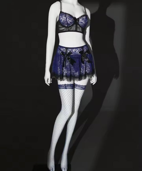 Women Sexy Blue Lace Bow Lingerie Set