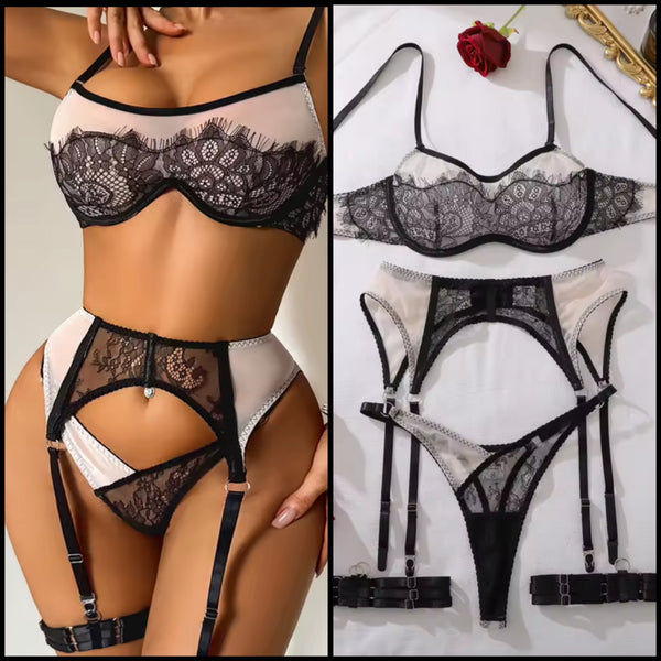 Women Sexy Black Lace Mesh Patchwork Lingerie Set