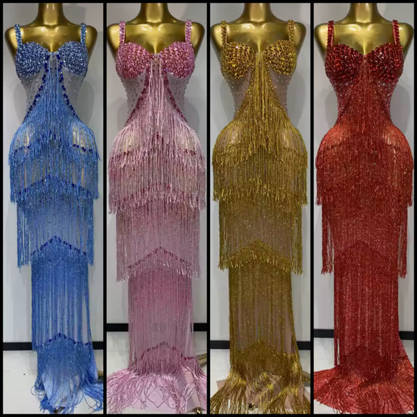 Women Sexy Rhinestone Sleeveless Fringe Tassel Maxi Dress