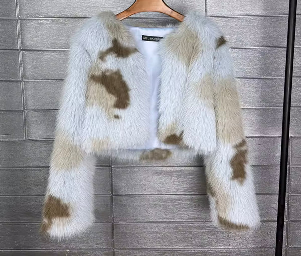 Women Fashion Mix Color Faux Fur Jacket