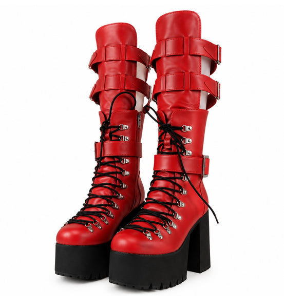 Women Color Lace Up Buckle Platform Knee High Boots