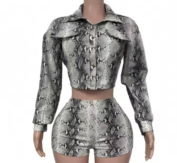 Women Fashion Snake Print Full Sleeve PU Two Piece Short Set