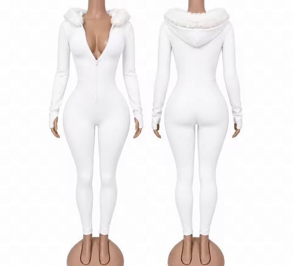Women Zip Up Fur Hooded Full Sleeve Jumpsuit