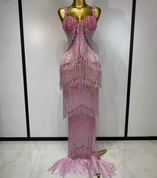 Women Sexy Rhinestone Sleeveless Fringe Tassel Maxi Dress