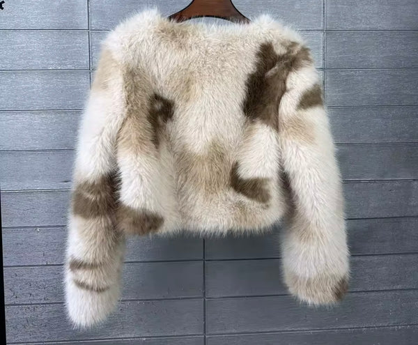 Women Fashion Mix Color Faux Fur Jacket