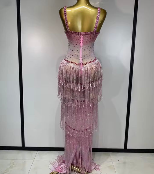 Women Sexy Rhinestone Sleeveless Fringe Tassel Maxi Dress