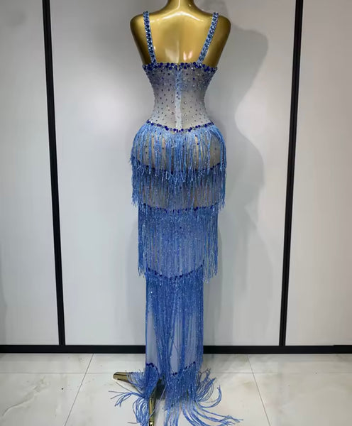 Women Sexy Rhinestone Sleeveless Fringe Tassel Maxi Dress