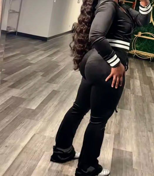 Women Color Striped Hooded Zip Up Velour Tracksuit Two Piece Pant Set
