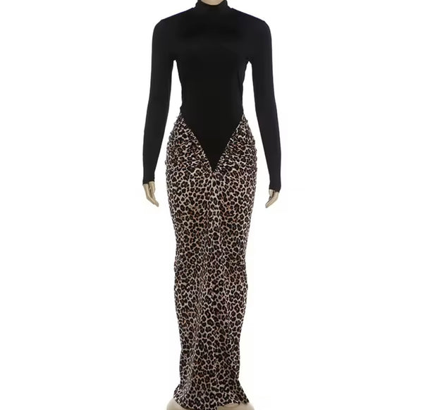 Women Sexy Full Sleeve Black Leopard Patchwork Maxi Dress