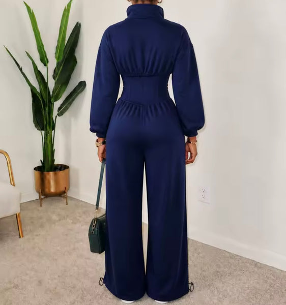 Women Zip Up Full Sleeve Ruched Fashion Jumpsuit