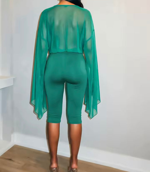 Women V-Neck Ruched Full Flare Sleeve Two Piece Capri Pant Set
