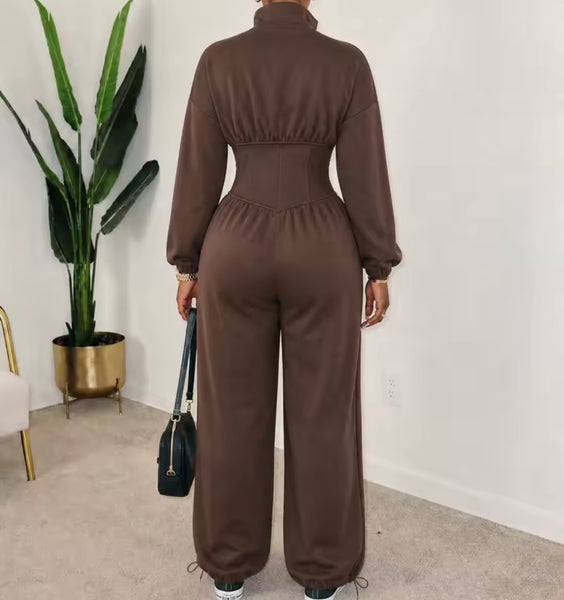 Women Zip Up Full Sleeve Ruched Fashion Jumpsuit