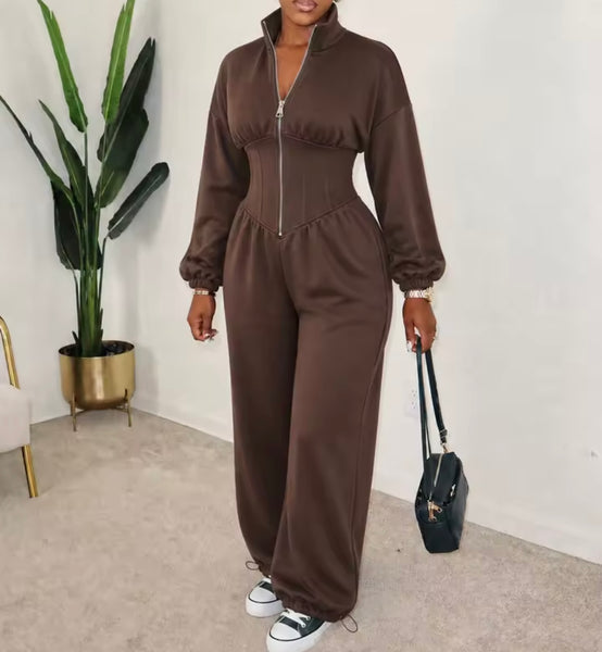 Women Zip Up Full Sleeve Ruched Fashion Jumpsuit