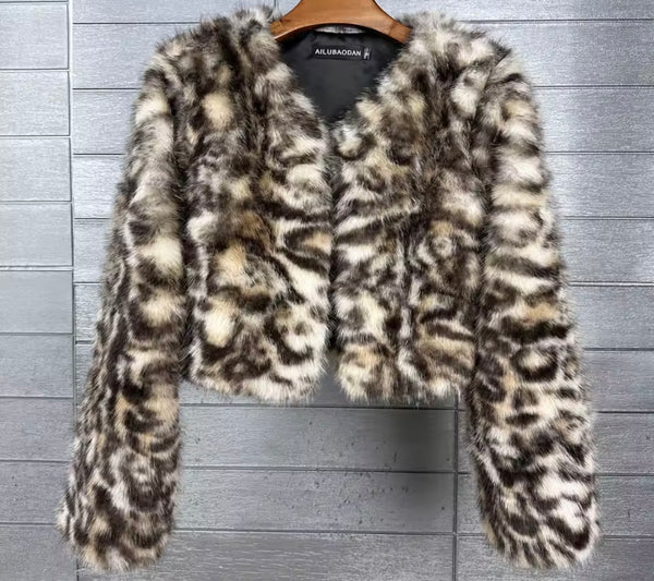 Women Fashion Mix Color Faux Fur Jacket