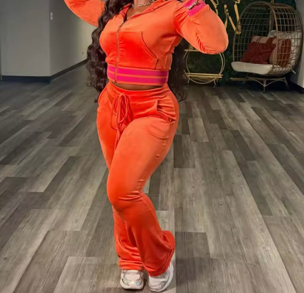 Women Color Striped Hooded Zip Up Velour Tracksuit Two Piece Pant Set