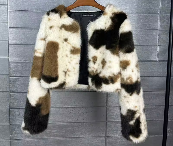 Women Fashion Mix Color Faux Fur Jacket