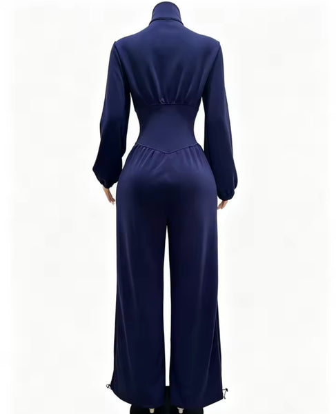 Women Zip Up Full Sleeve Ruched Fashion Jumpsuit