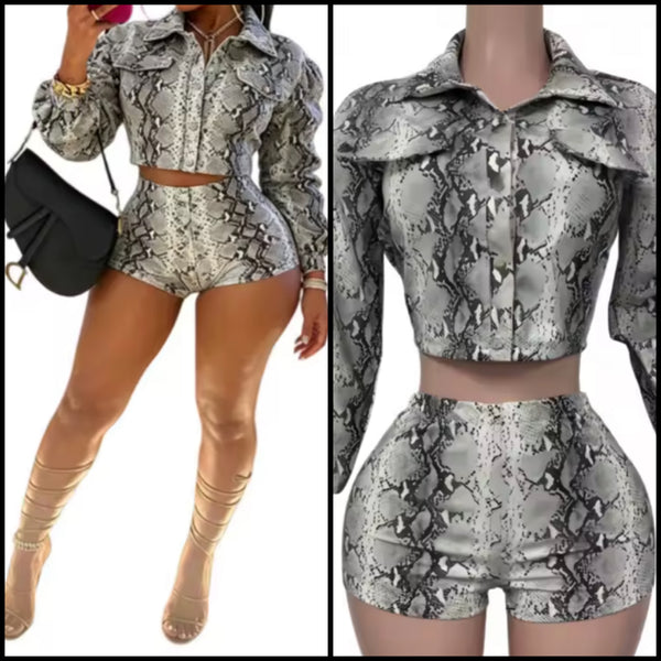 Women Fashion Snake Print Full Sleeve PU Two Piece Short Set