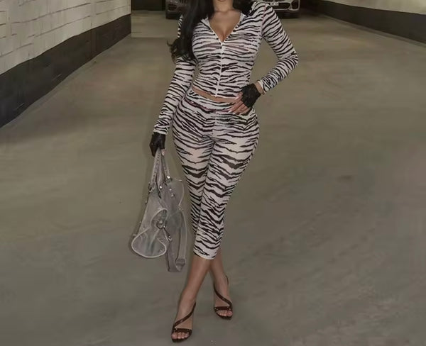 Women Zebra Print Fur Hooded Full Sleeve Two Piece Capri Pant Set