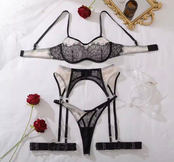 Women Sexy Black Lace Mesh Patchwork Lingerie Set