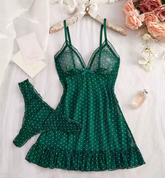 Women Sexy Sleeveless Printed Mesh Nightgown Lingerie Set