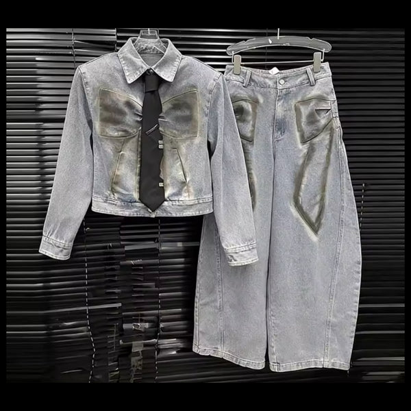 Women Fashion Bow Denim Tie Full Sleeve Two Piece Pant Set