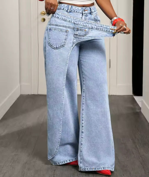 Women Fashion Blue Pocket Wrap Denim Pants