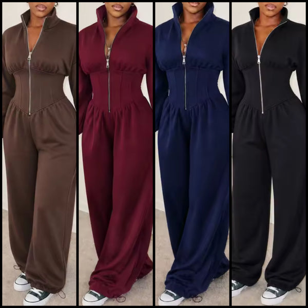 Women Zip Up Full Sleeve Ruched Fashion Jumpsuit