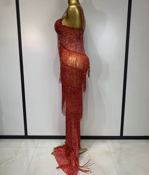 Women Sexy Rhinestone Sleeveless Fringe Tassel Maxi Dress