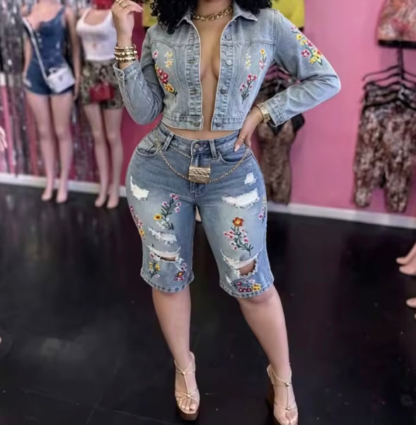 Women Fashion Floral Denim Jacket Two Piece Capri Pant Set