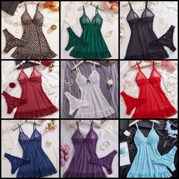 Women Sexy Sleeveless Printed Mesh Nightgown Lingerie Set