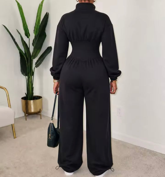 Women Zip Up Full Sleeve Ruched Fashion Jumpsuit