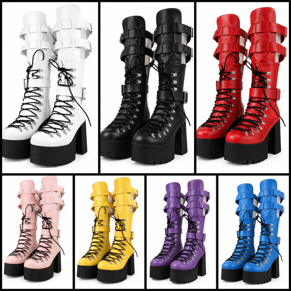 Women Color Lace Up Buckle Platform Knee High Boots