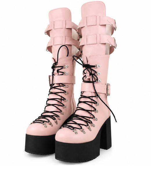 Women Color Lace Up Buckle Platform Knee High Boots