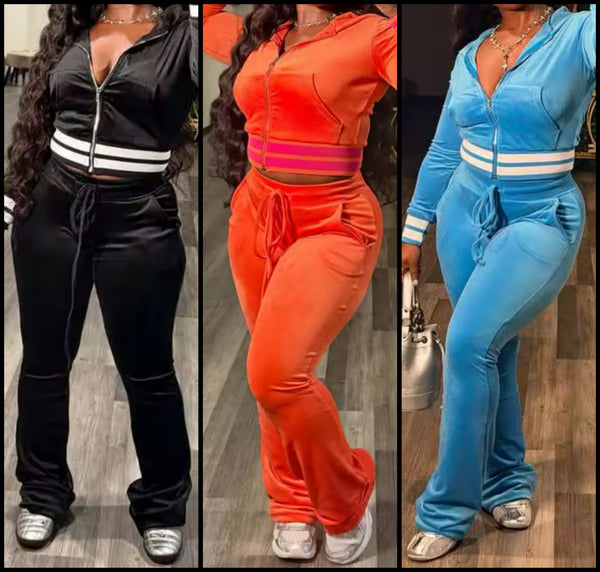 Women Color Striped Hooded Zip Up Velour Tracksuit Two Piece Pant Set