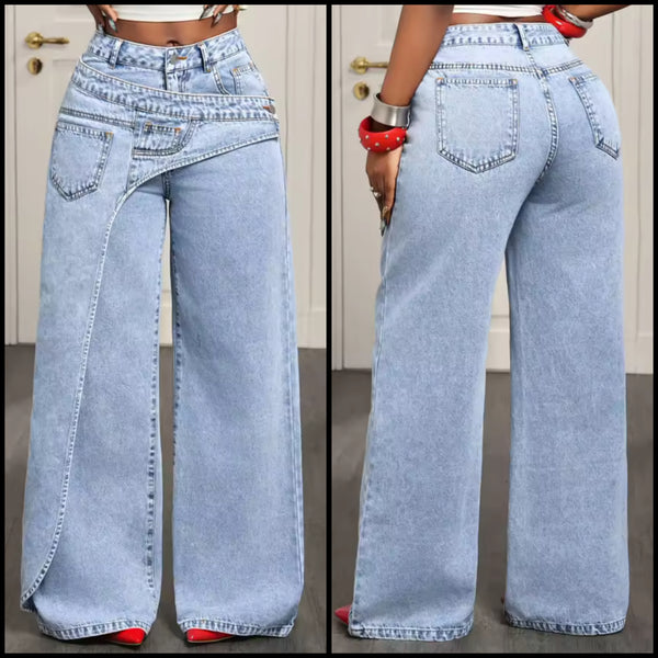 Women Fashion Blue Pocket Wrap Denim Pants