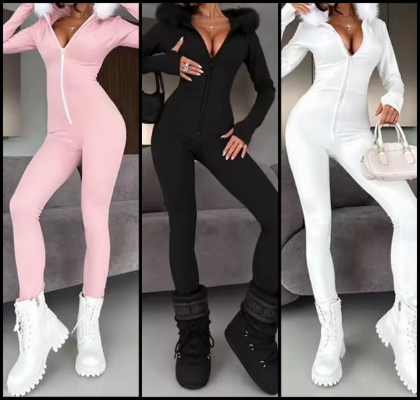 Women Zip Up Fur Hooded Full Sleeve Jumpsuit