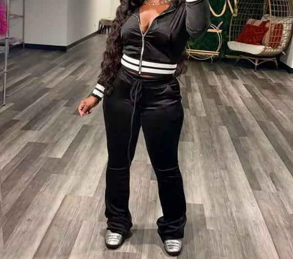 Women Color Striped Hooded Zip Up Velour Tracksuit Two Piece Pant Set